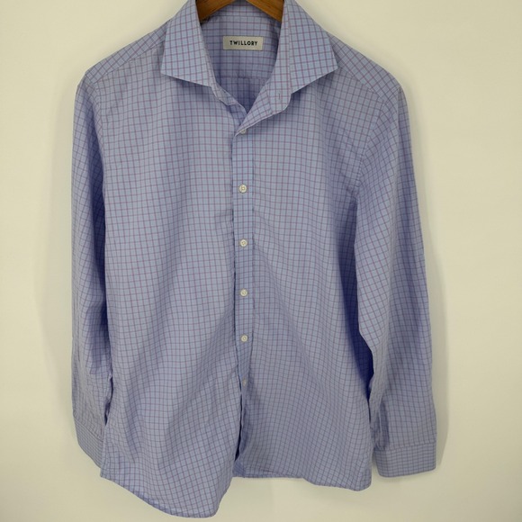 Twillory Mens Dress Shirt 16 34/35 Tailored Fit Blue Pink Plaid Checkered - Picture 1 of 3